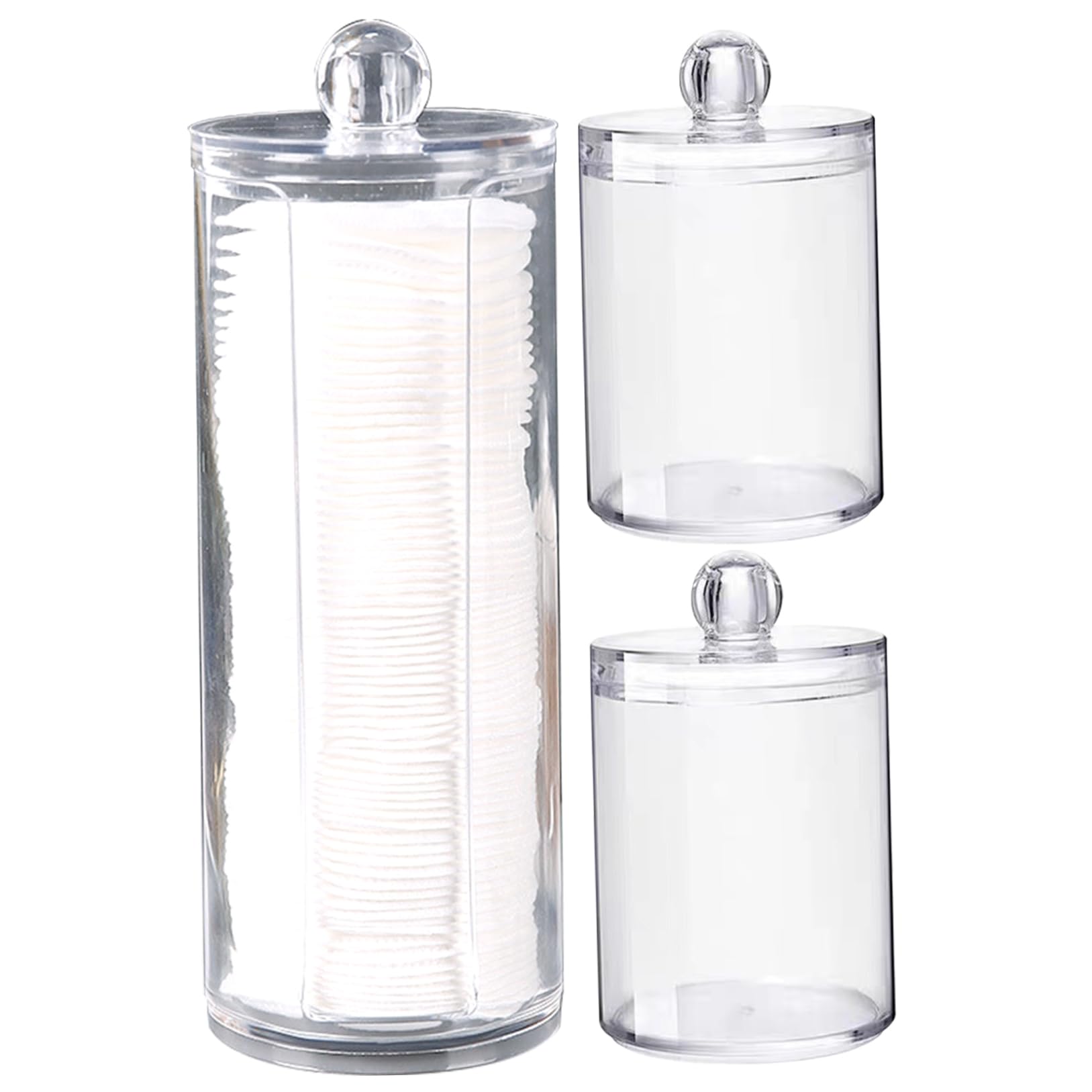 Bemonew Q Tip Holder 3Pcs Clear Cotton Round Holder with Lid 4＆7.5 Inch Stackable Plastic Cotton Round Dispenser for Ball, Swab, Floss