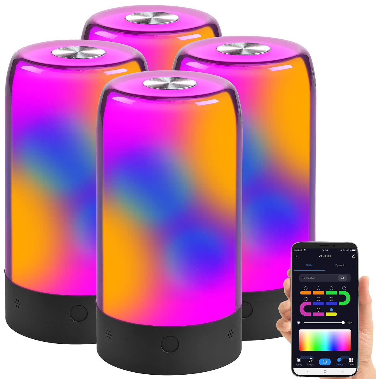 Luminea Home Control lampka dekoracyjna WLAN: Zestaw 4 sztuk Inteligentne lampy nastrojowe, czarny, kompatybilny z Alexą, Siri i Google Assistantem, Diody LED RGB-IC