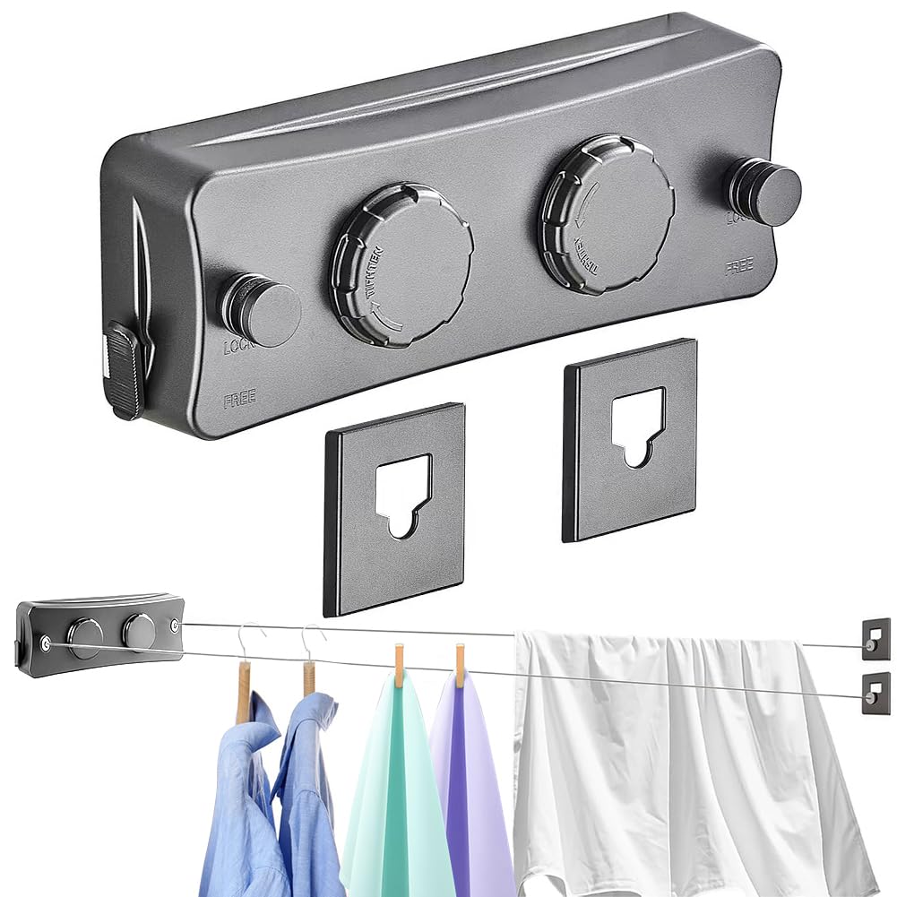 Filo per bucato allungabile, 2 corda in acciaio inox da 5,1 m, filo per bucato a parete estensibile, pulsante di serraggio regolabile per un supporto aggiuntivo, design anti-saggio, adatto per balcone