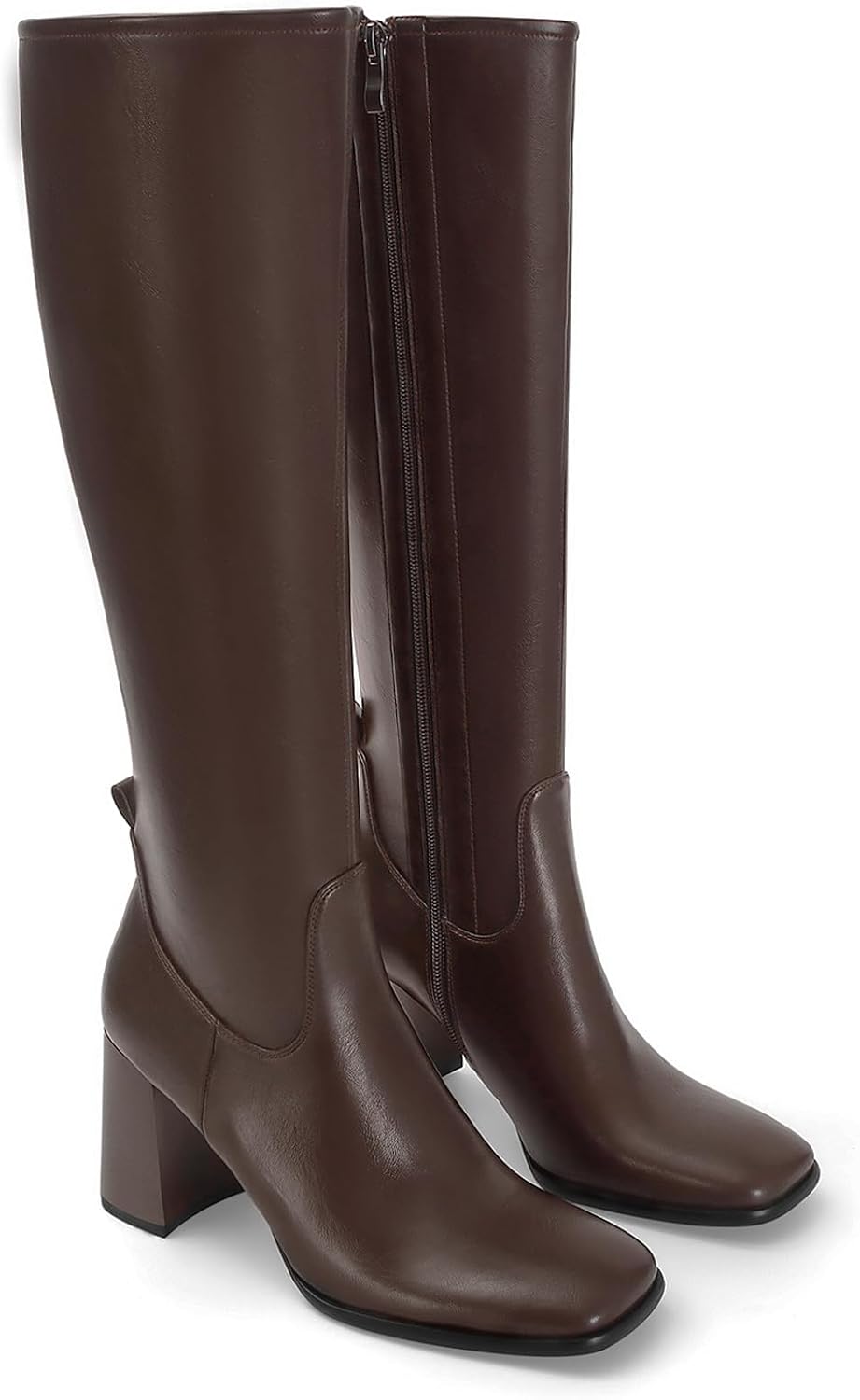 RJYLP Womens Brown Knee High Boots Square Toe Chunky Heel Tall Boots Fashion Party Wide Calf Long Boots with Side Zipper - Image 5