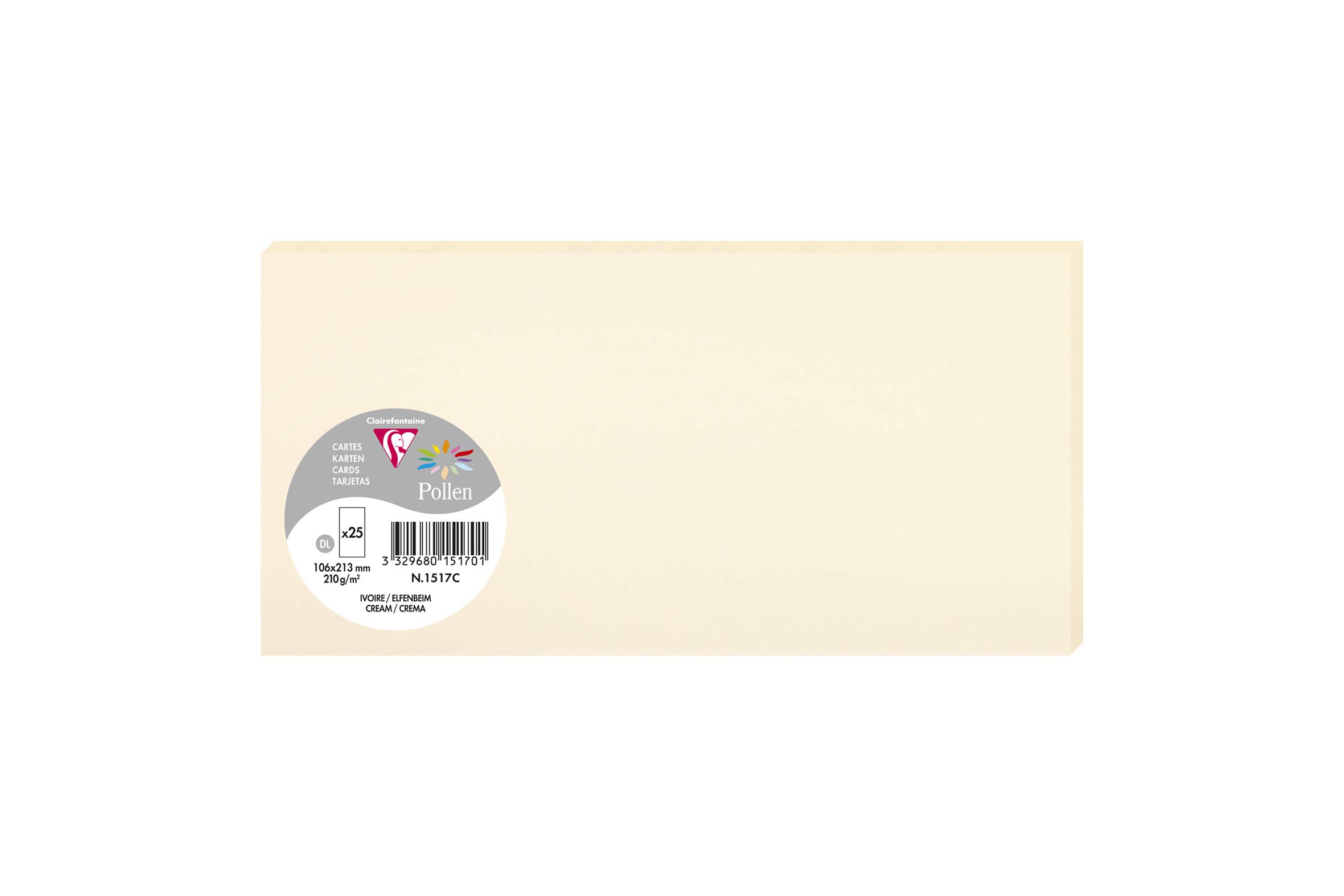 Clairefontaine 1517C Pack of 25 Plain Cards DL format 10.6x21.3cm 210gsm Cream colour Invitation Cards Events Correspondence Pollen range Smooth Premium Paper