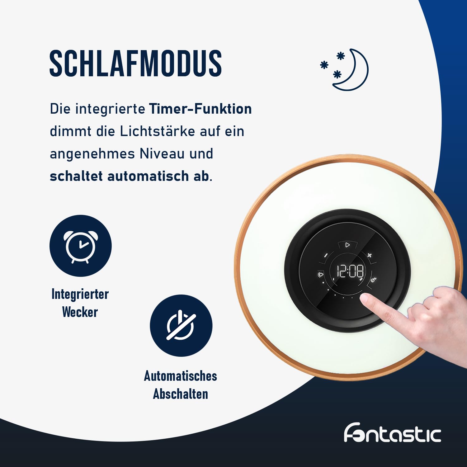 Fontastic „Icona“ LED Nachttischlampe Touch dimmbar, multifunktionelle Tischlampe mit kabelloser Ladefunktion, Bluetooth Lautsprecher und Timer, Designer-Tischleuchte inkl. TWS-Speaker