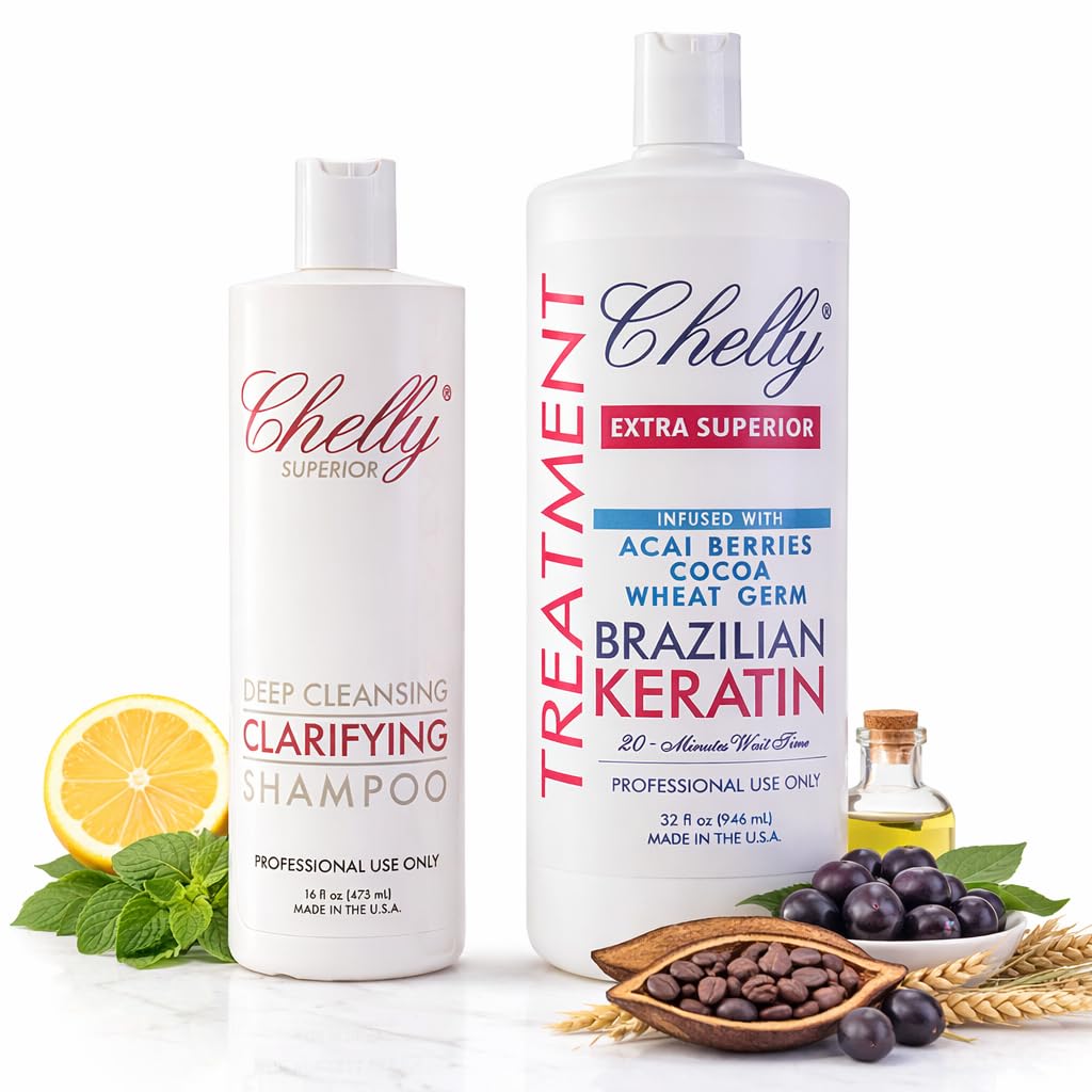 Chelly EXTRA SUPERIOR Brazilian Keratin Infused with ACAI BERRIES COCOA WHEAT& Clarifying Shampoo COMBO