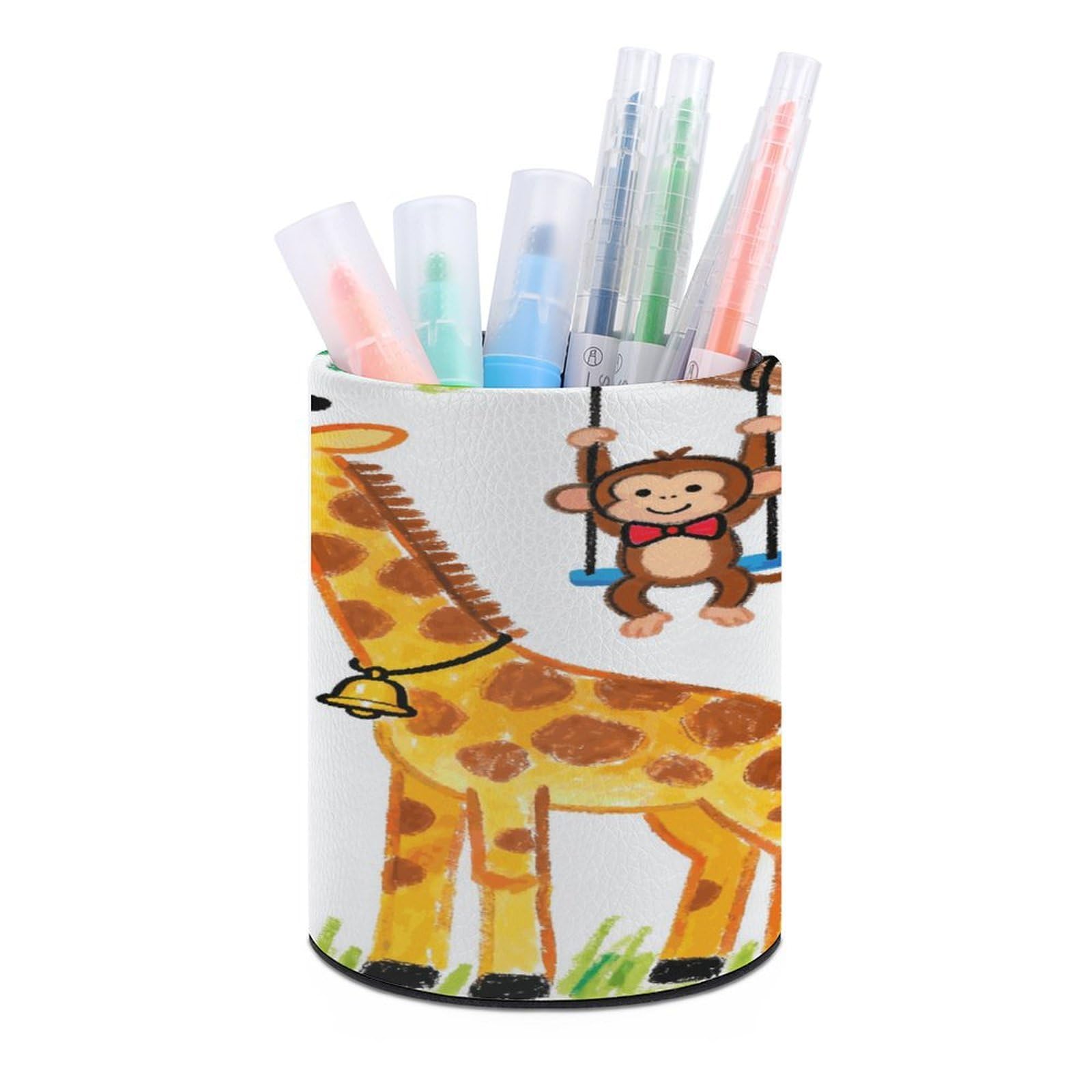 VstaDank Giraffe And Elephant Pen Holder Round Pencil Holder Cup Pen Container PU Leather Desk Organizer Stand Decor Brush Scissor Holders Decoration Office Desk Home (3.1 X 3.9 Inches)