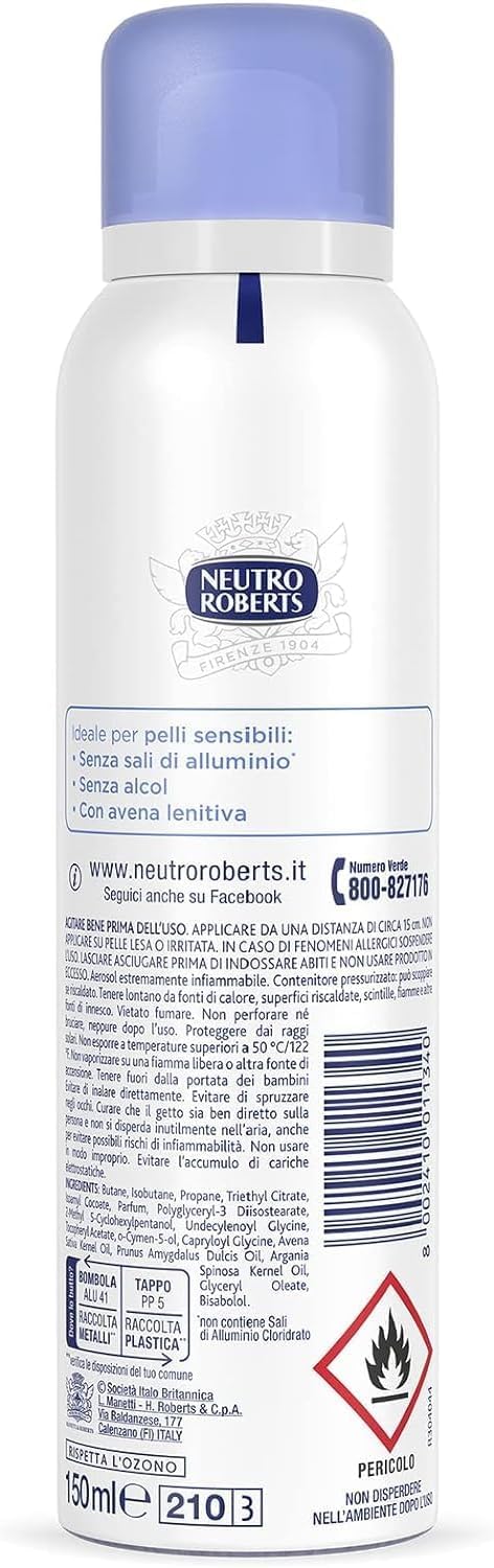 Neutro Roberts - 12 deodoranti spray Pelle Sensibile, con avena e fiore di loto, protezione 48 ore, senza sali e alcool, 150 ml, + portachiavi Italy Shop Service