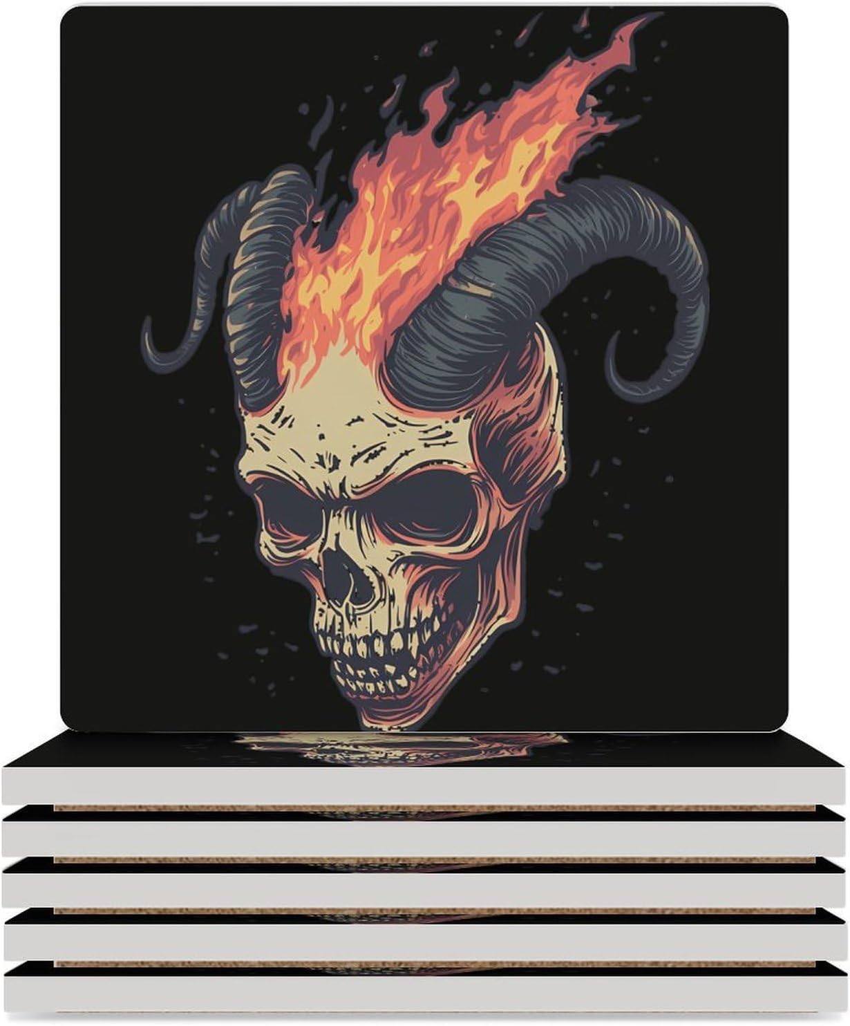 Skull Goat Ceramic Coasters Set Square Drink Coasters Table Coaster for Kitchen Desktop Decor