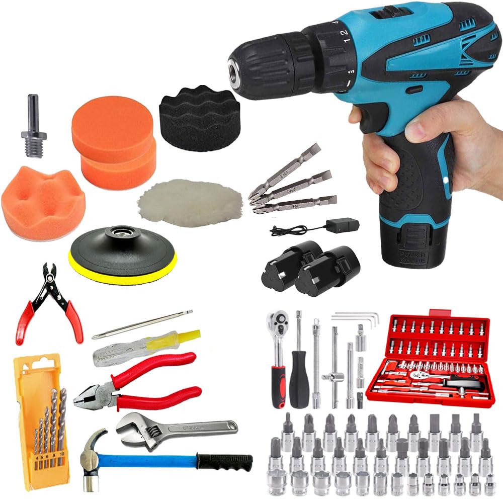 MLD 12v Cordless Screwdriver Drill Machine With 56pcs Accessories 3'' Car Polish Pad For Polishing | Drilling | Screwdriving Home DIY Tool Kit SAF-106 (12v/1350 Rpm/Multicolor)-image-22