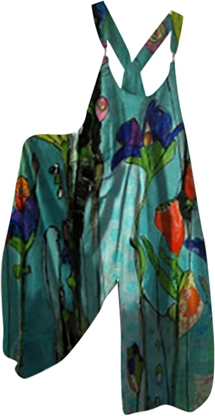 Women's Summer Floral Printed Suspenders Y Back Casual Jumpsuit Loose Wide Straight Leg Leisure Romper Stylish Breathable Thin Comfortable Playsuit for Holiday
