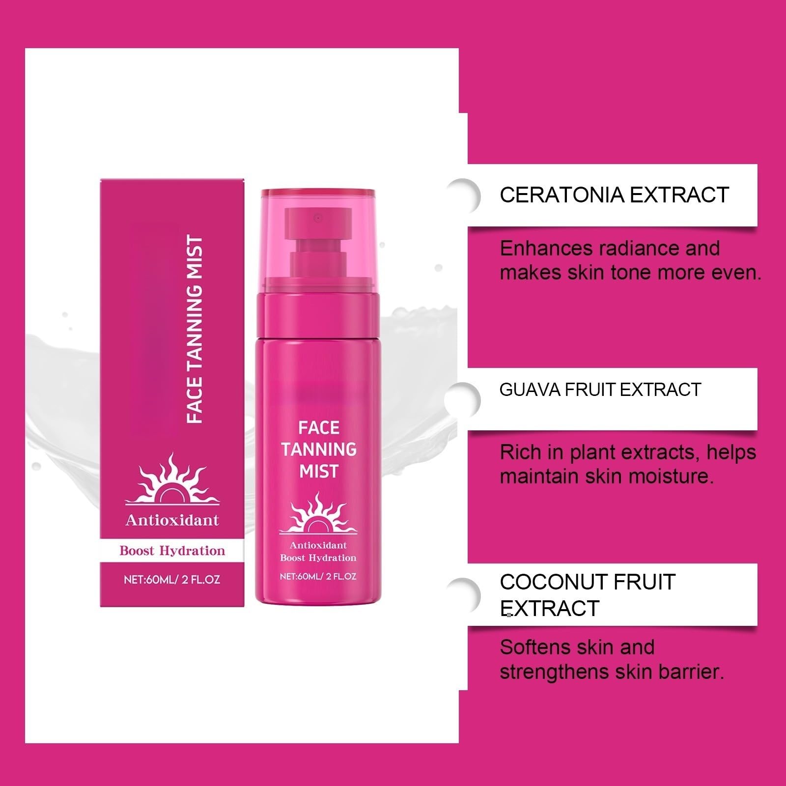 Selbstbräunender Gesichts-Spray, 60 ml, natürliches goldfarbenes Bräunungsspray, feuchtigkeitsspendend, antioxidativ, gleichmäßiger und heller Teint, schnelle Absorption, nicht fettend, langer Halt