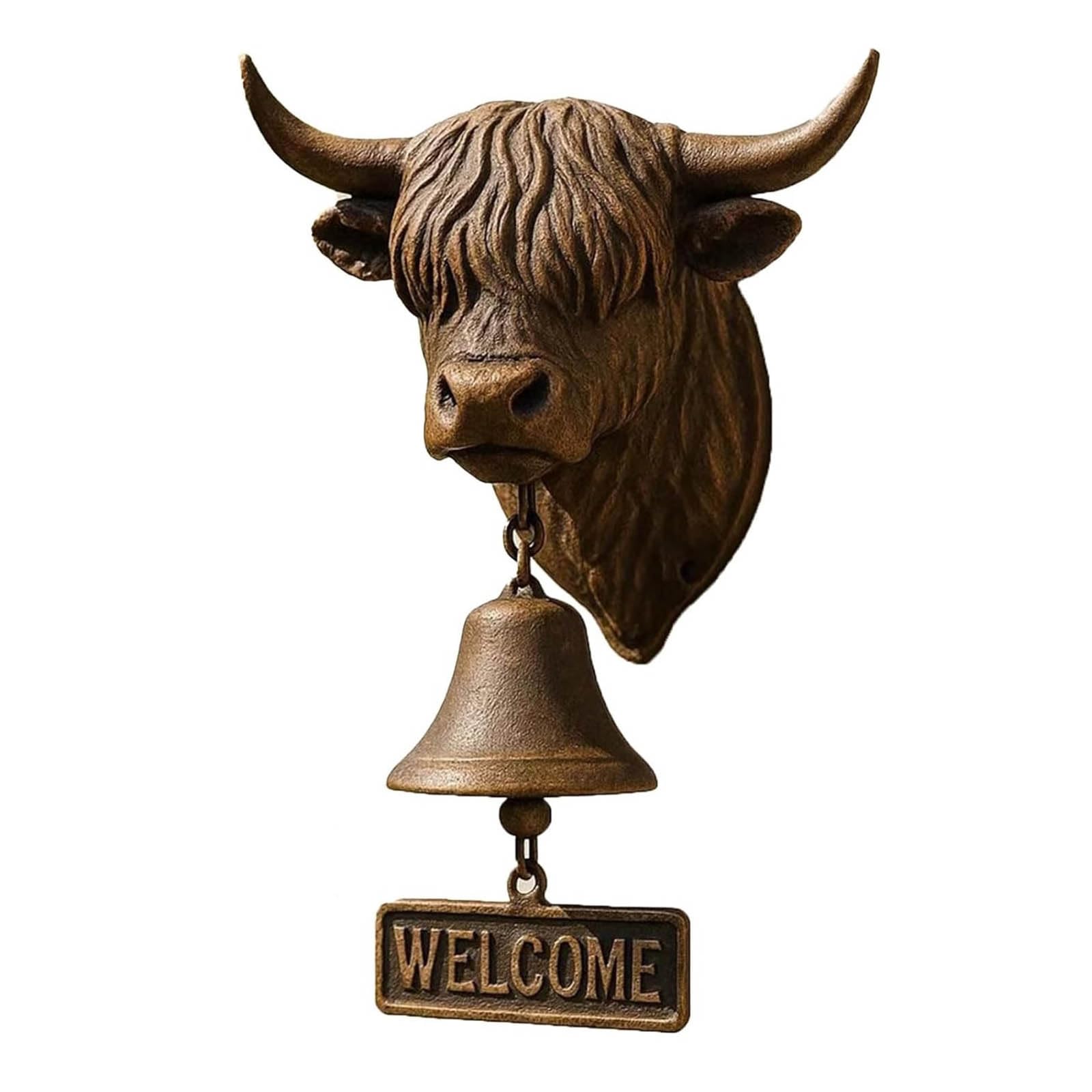 Pufei A Handmade Highland Cow Welcome Bell, Vintage Highland Cow Welcome Door Bell, Rustic Wall Mounted Doorbell With Crisp Sound For Home, Garden, Porch, Ranch, Outdoor Decorative Hanging Bell Gift (1Pcs)