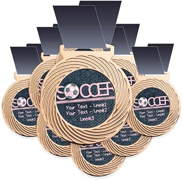10 Pack Soccer Award Medal, Customizable with Your Custom Text for Our Soccer Award Medallion. Large 3-1/8W x 3-1/2H Quality Medal Printed, Assembled Packaged in The USA.