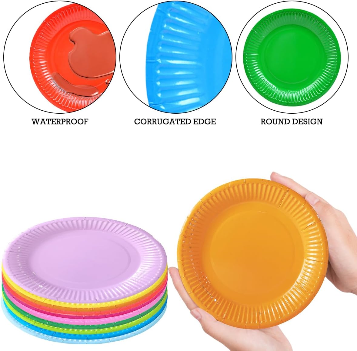 200 Pcs Colorful Paper Plates Bulk, 9 Inch Disposable Paper Dessert Plate, Colored Round Party Plate Waterproof Microwavable for Birthday Picnic Party, 10 Colors