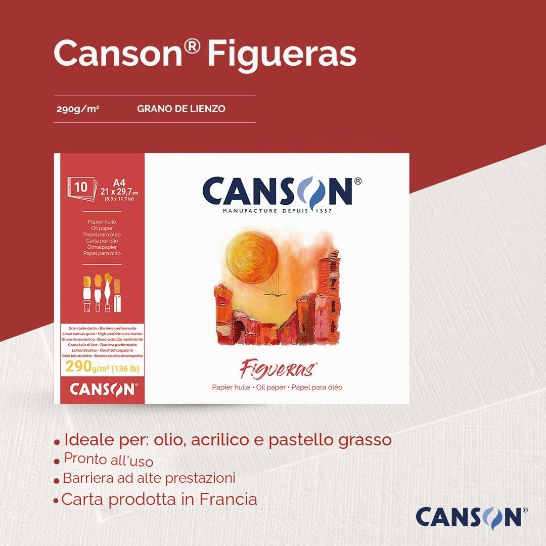 Canson Figueras, Carta Olio, Grana imitazione lino, 290 gsm, Blocco incollato sul lato corto, A3-29,7 x 42 cm, Bianco, 10 fogli
