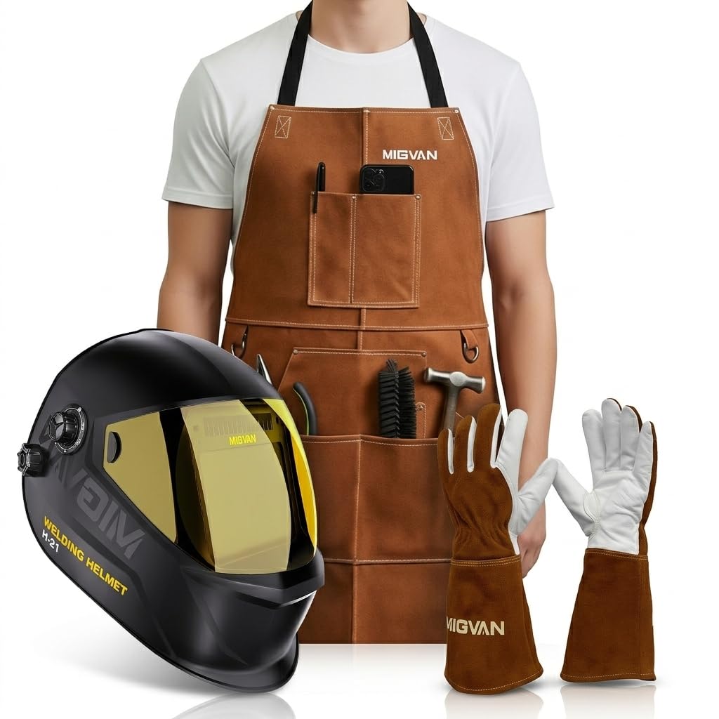 Profi Schweißer-Schutzset: H21 Automatik Schweißhelm True-Color (100×82mm) + Leder-Schweißerschürze (61x91cm) + Hitzebeständige Schweißhandschuhe (Größe L) – 3-teiliges PSA Komplettset für MIG/