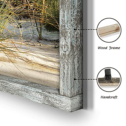 Beach Picture Wooden Artwork Framed: Coastline Wall Art Seascape Wall Decor Ocean Scene Art Prints For Bedroom 32"X24" #TOP1