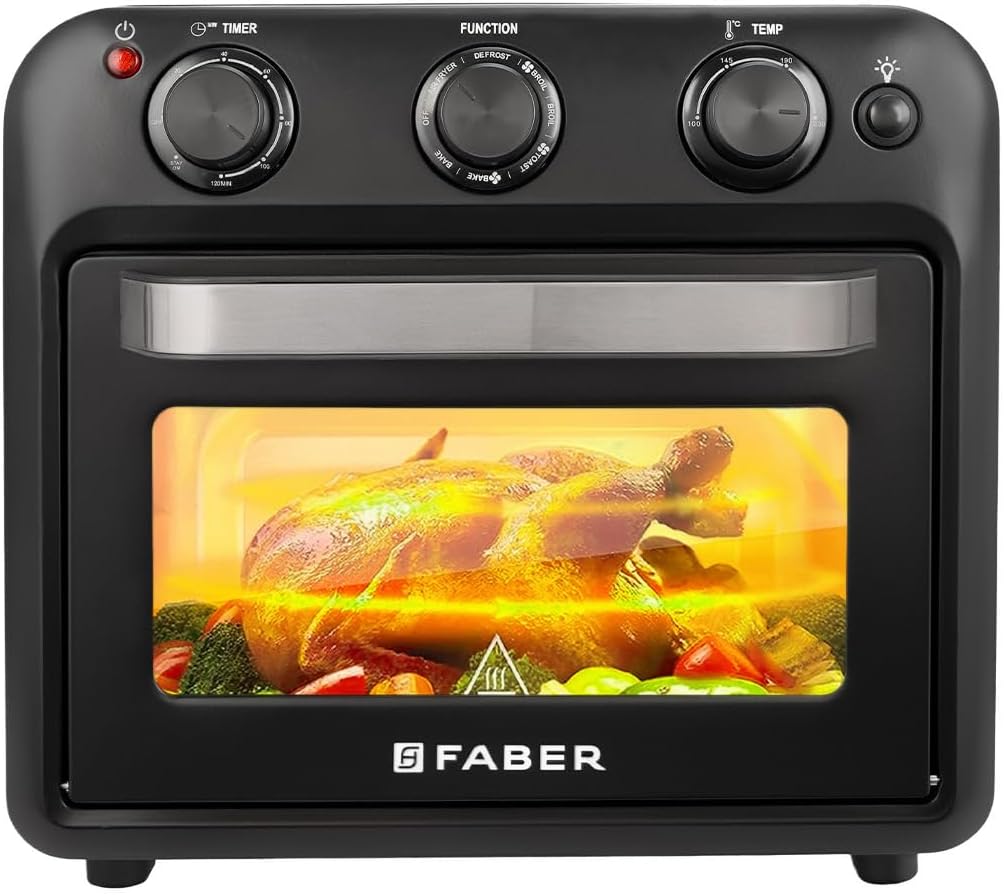 - Faber 20 liter 1500 Watts Air Fryer Oven|Fry, Bake, Roast, Toast, Defrost, Grill, Reheat & Broil|85% Less Oil|Temperature & Timer Control, Preset Cooking Options, Convection Function, Auto-Off|(Black)