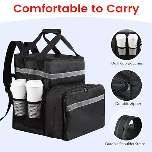 Miniatura 4 de Mochila de entrega de pizza aislada con soporte para 4 tazas, bolsas enfriadoras impermeables, bolsa de entrega de alimentos aislados para alimentos