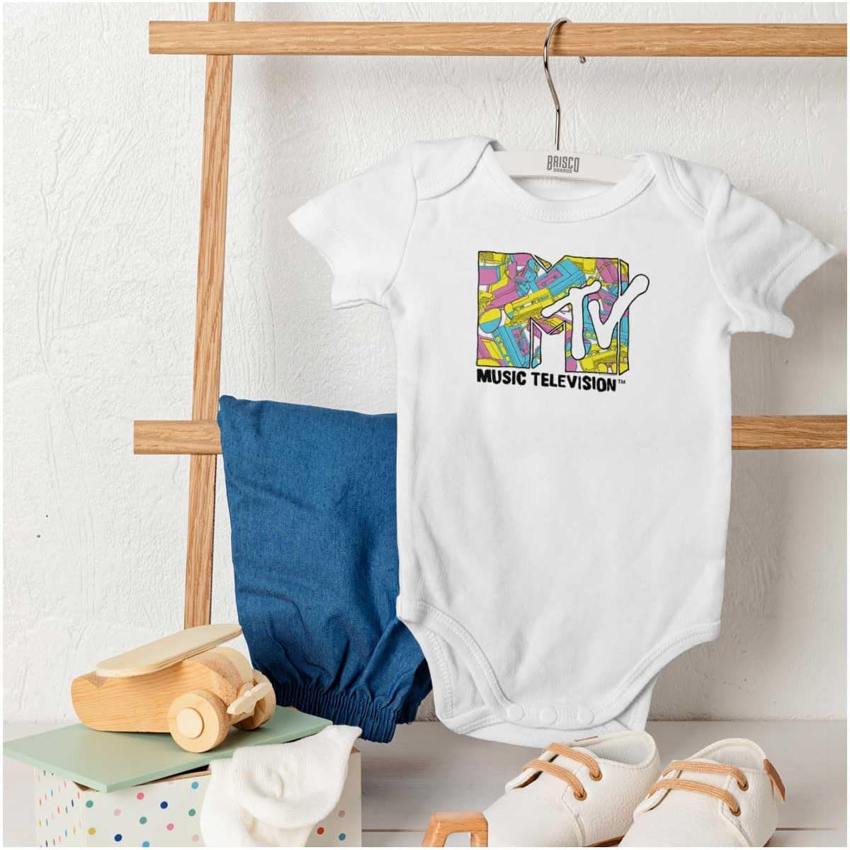 Brisco Brands Retro 80s MTV Music Treasure Logo Baby Romper Boys or Girls