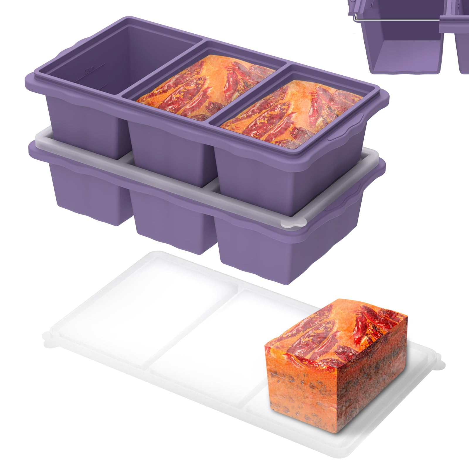 Large Soup Freezer Tray, 2Pcs Silicone Freezer Mould with Lid, 3 Compartment Food Portion Freezer Tray Meal Prep Soup Storage Containers Ice Cube Trays for Storing and Freezing Broth Sauce (Purple) — image 1