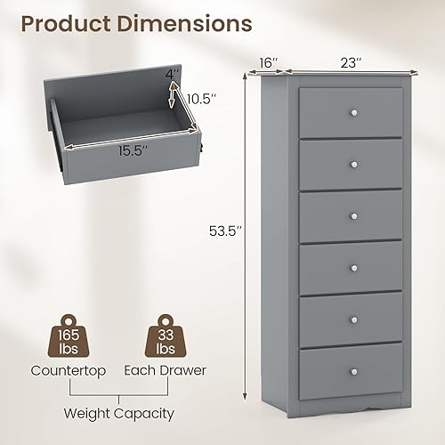 Miniatura 3 de Giantex 6-Drawer Dresser for Bedroom, Wooden Chest of Drawers w/Metal Handles & Large Capacity, 16" D x 23" W x 53.5" H Clothes Organizer, Modern