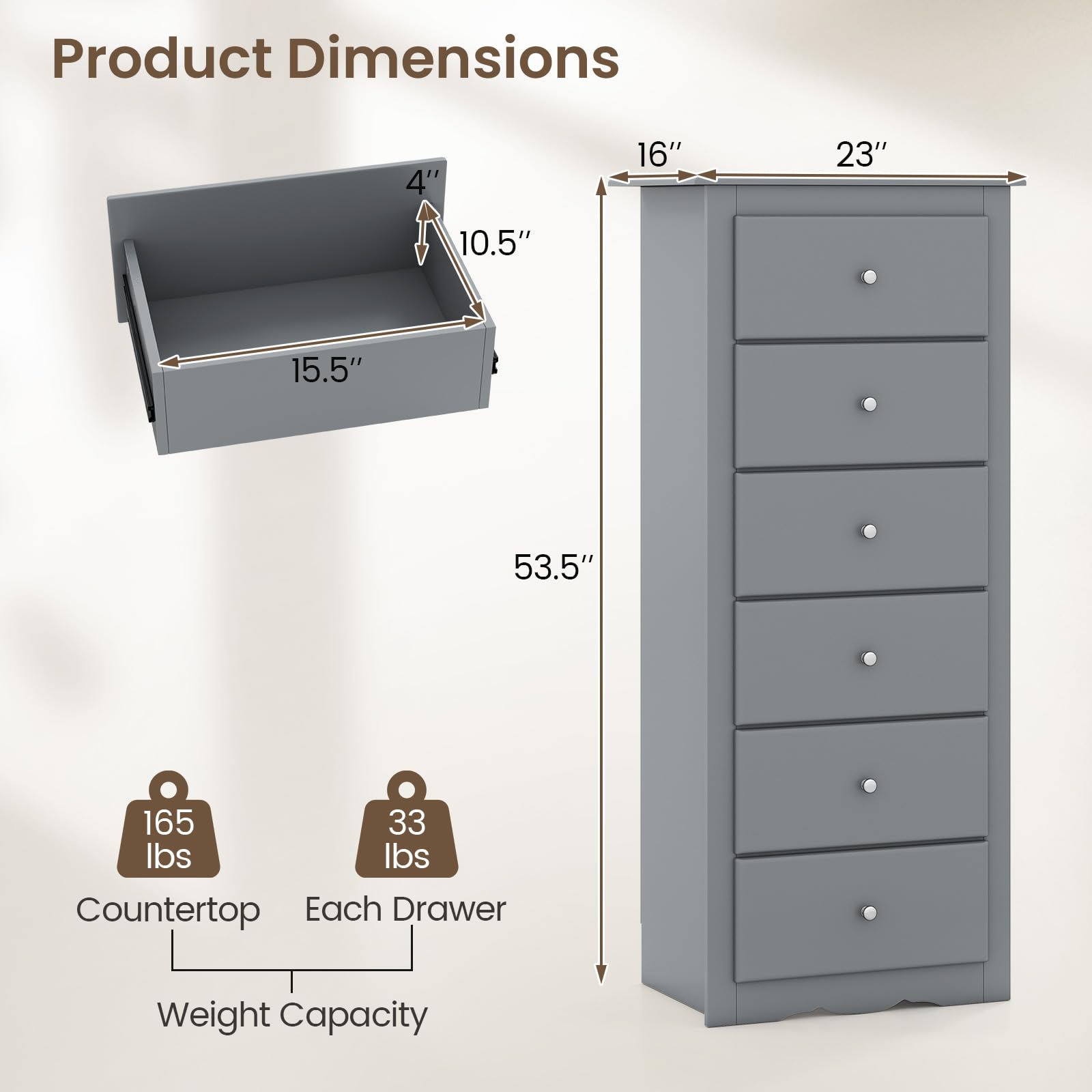 Amazon.com: Giantex 6-Drawer Dresser for Bedroom, Wooden Chest of Drawers  w/Metal Handles & Large Capacity, 16" D x 23" W x 53.5" H Clothes  Organizer, Modern Tall Dresser for Bedroom, Entryway, Living