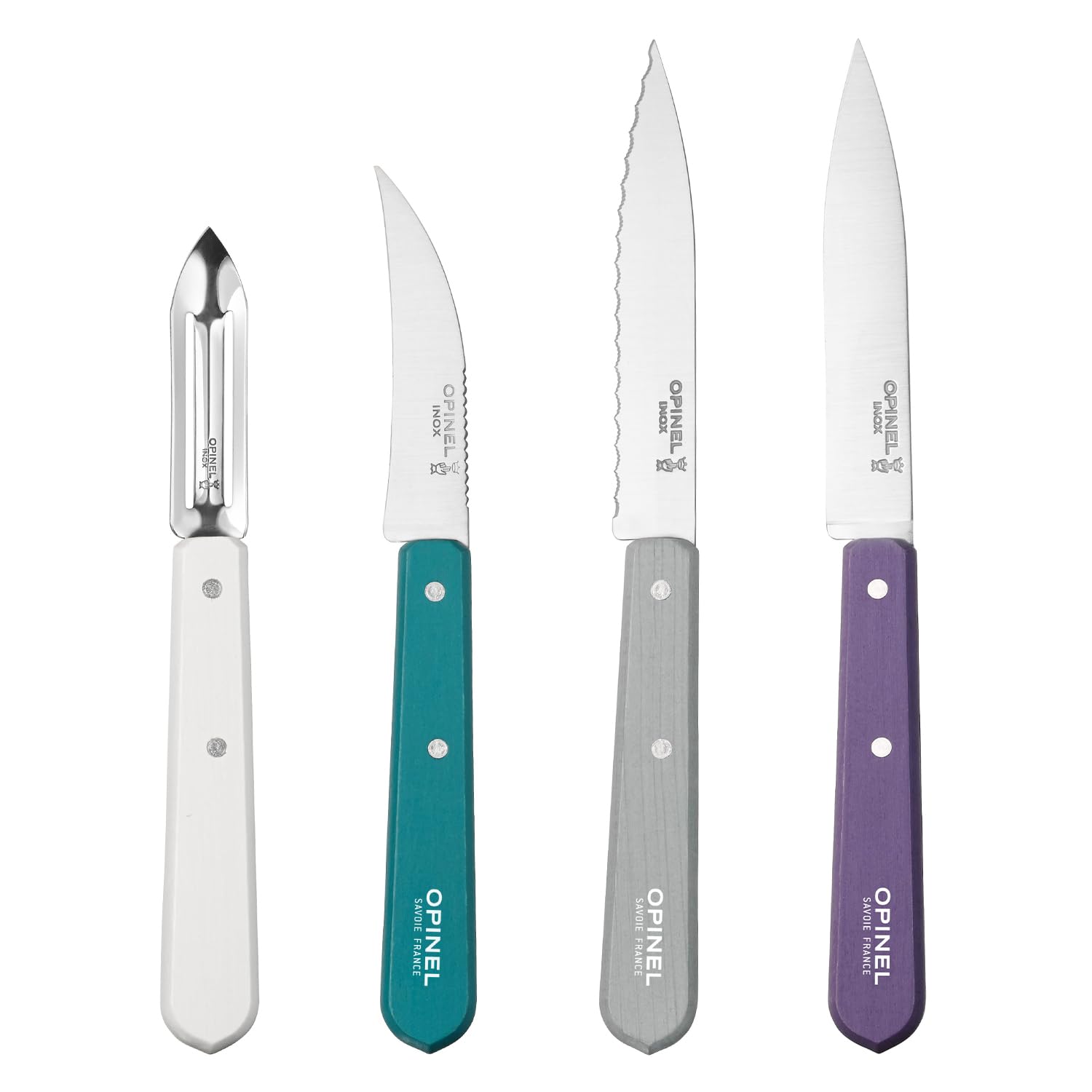 Opinel Essentials Knives 4pcs Set Art Deco. Stainless Steel corrosion-resistant blade. Made in France.