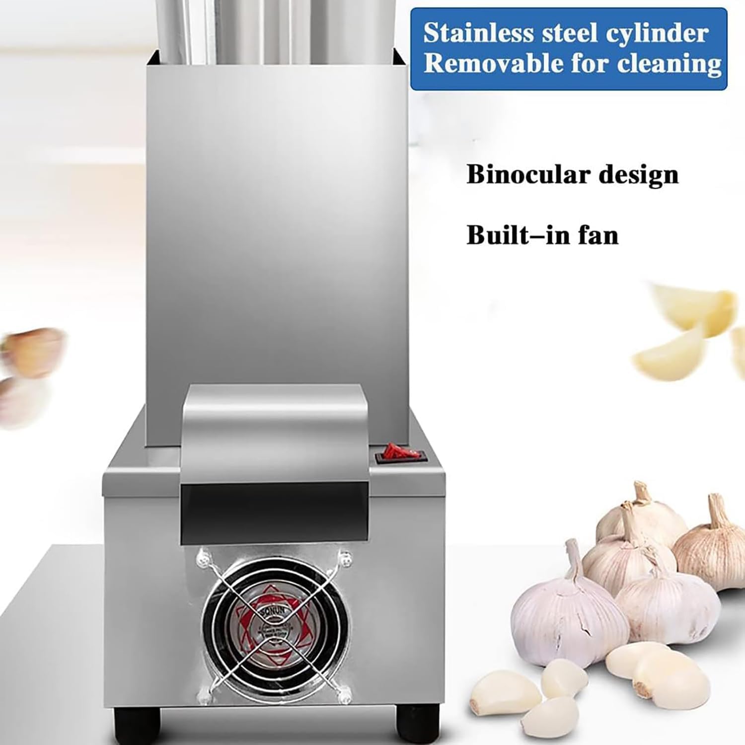 Éplucheur d'ail électrique commercial, 20-25 kg/h, corps en acier inoxydable, rapide et économe en main-d'œuvre, amovible pour le nettoyage