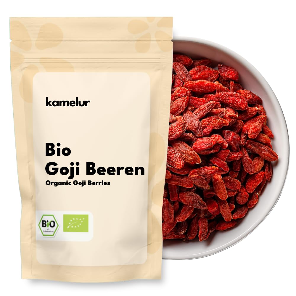 Kamelur 1kg getrocknete BIO Goji Beeren ohne Zusätze - Sonnengetrocknete Goji Beeren aus zertifiziert biologischem Anbau ungezuckert und ungeschwefelt als Snack oder als Zugabe für ein leckeres Müsli