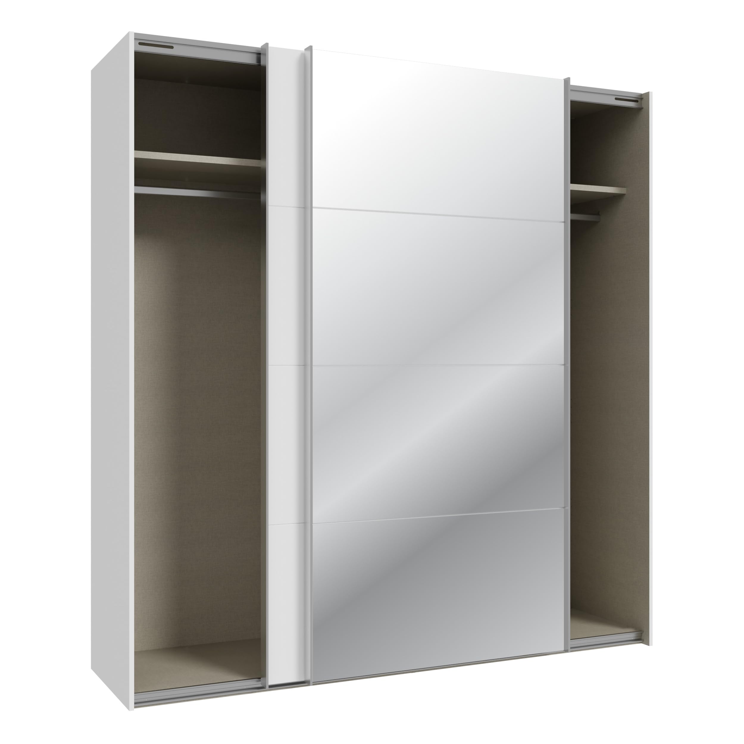Forte SOPHISTISPACE Kleiderschrank 200, moderner Schwebetürenschrank, 2-türig, Einlegeböden, Kleiderstangen, Spiegel, Holzwerkstoff, Weiß, 200,1 cm breit x 210,5 cm hoch x 62,9 cm tief