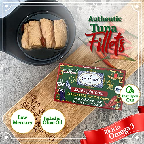 Image of Santo Amaro - Artisanal Wild Tuna Fillets in Olive Oil & Red Piri Piri Pepper, Pole & Line Caught Tuna from Portugal, Hand-Packed Beira-Style Canned Tuna Fish, 22g Protein Keto, Low Mercury, Pack of 6