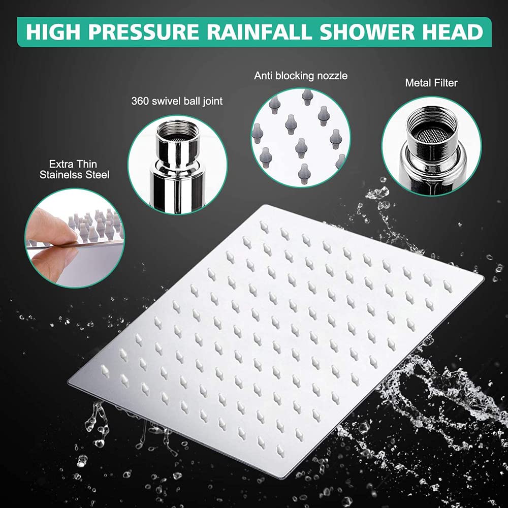 Sistema de ducha, ducha de baño montada en la pared con cabezal de ducha de lluvia de alta presión de 8 "y cabezal de ducha de mano de 3 posiciones, cromo cepillado (manguera de desvío de agua de 3 ví