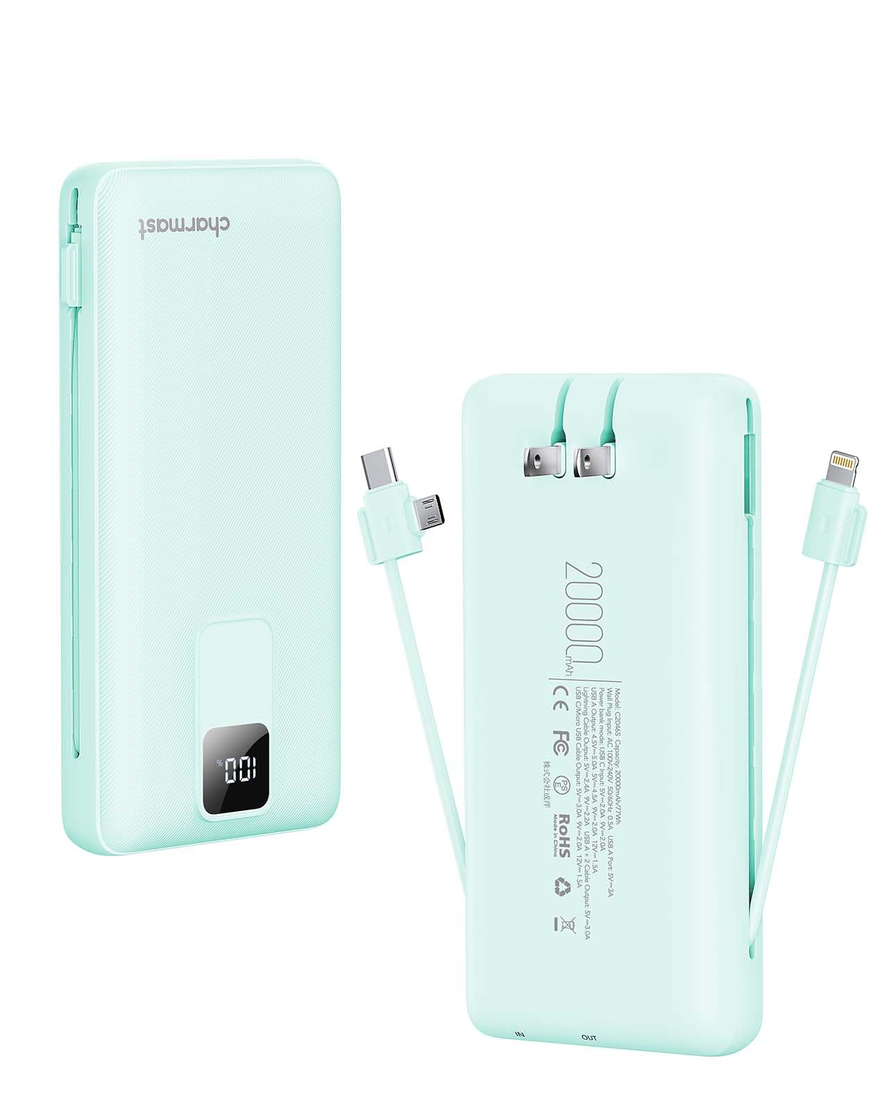 Portable Charger with Built-in Cables and Wall Plug, 20000mAh 20W USB C Power Bank Fast Charging Battery Pack Compatible with iPhone iPhone 16/15/14/13 Series, Samsung Google iPad etc