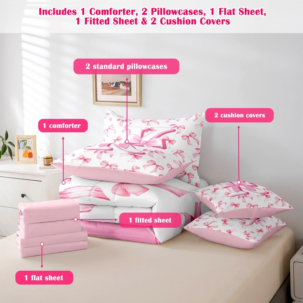 jejeloiu Kids Girls Cute Pink Bow Comforter Set with Sheets Full Size Monogrammed 7 Piece Bedding Set Personalized Initial K Bed in a Bag with Comforter,Sheets,Pillowcases Coquette Bow Modern Fashion