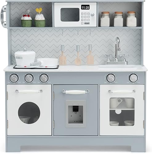 KOTEK Juego de cocina de madera para niños pequeños con dispensador de agua y estufasluces y sonidos, microondas, horno, teléfono y utensilios de