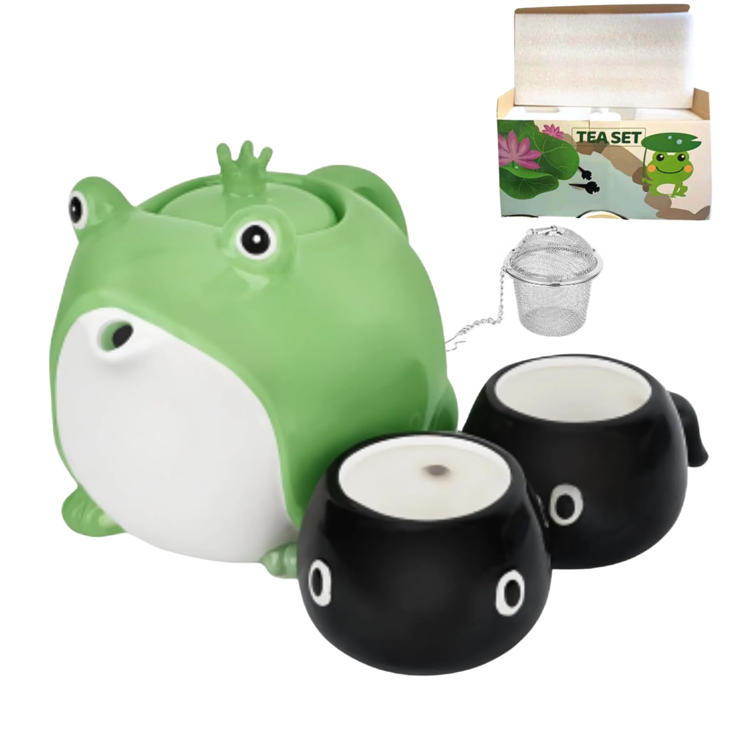 BBD Tea set. Tea pot & 2 pieces tea cup, tea strainer. Cute Japanese frog tea set, Ceramic Tea pot (30 oz), 2 pcs Tea cups (5oz). Tea collection, Children party tea set.