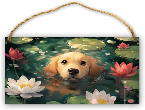 wooden Adorable Puppy in lotuses Water sign wall Studio decoration 12x6 Inch,Rustic Wood Wall Decors for Farmhouse, Entryway & Kitchen, Cute Art for Home & Pet Lovers