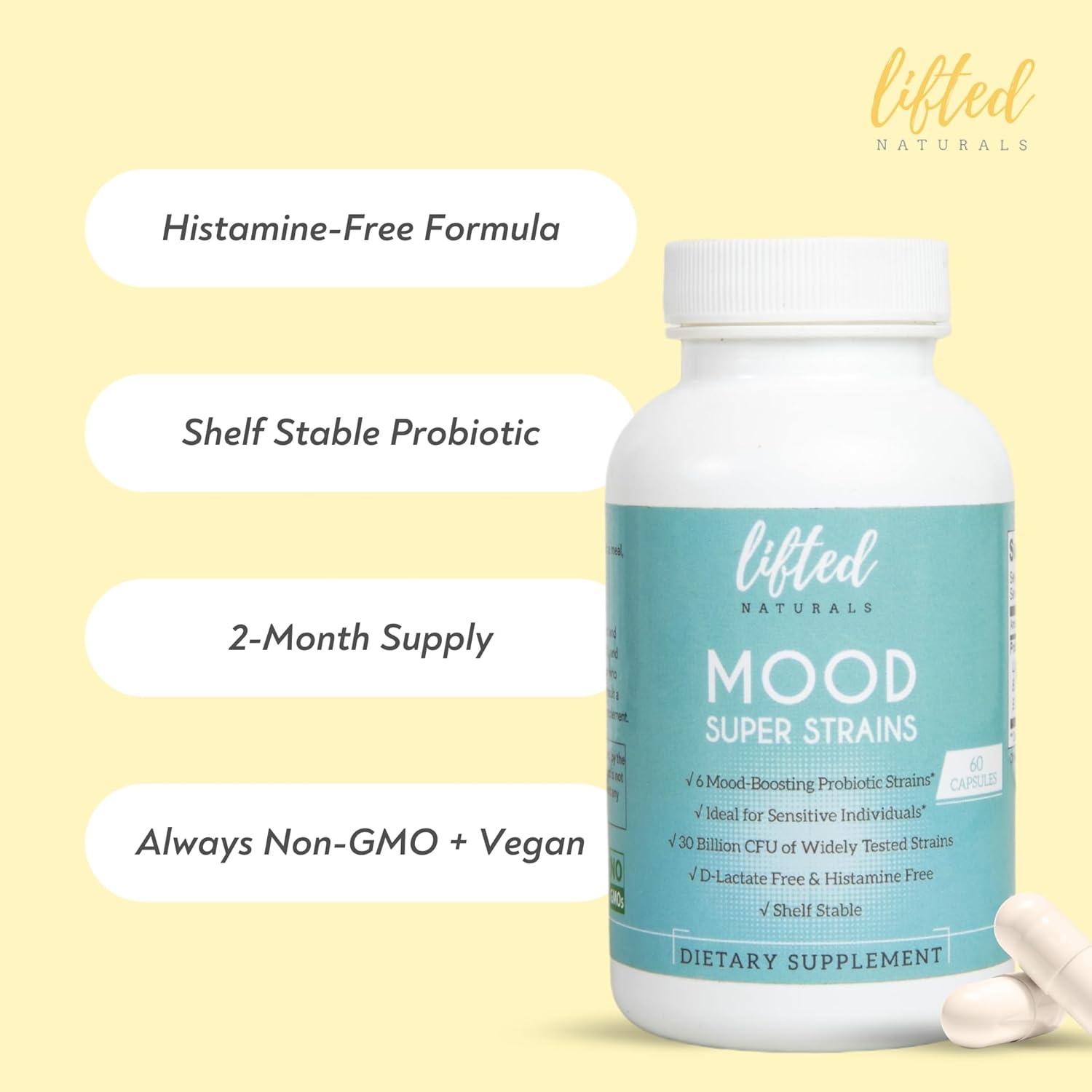 Probiotics - Mood Super Strains Probiotic - Naturally Supports Digestion & Mood - Histamine-Free Probiotics w/ L Rhamnosus GG, Shelf Stable Probiotic Supplement, 60 Day Supply, Non-GMO, VEGAN - Image 5