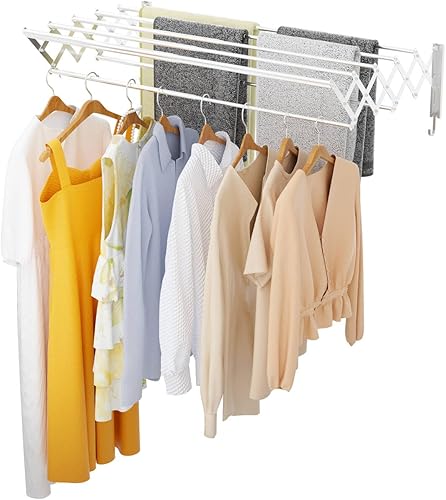 Miniatura 2 de Escurridor de ropa montado en la pared con ganchos - Estante de secado de ropa plegable y extraíble, extensible de 21 a 39.4 pulgadas, estante de