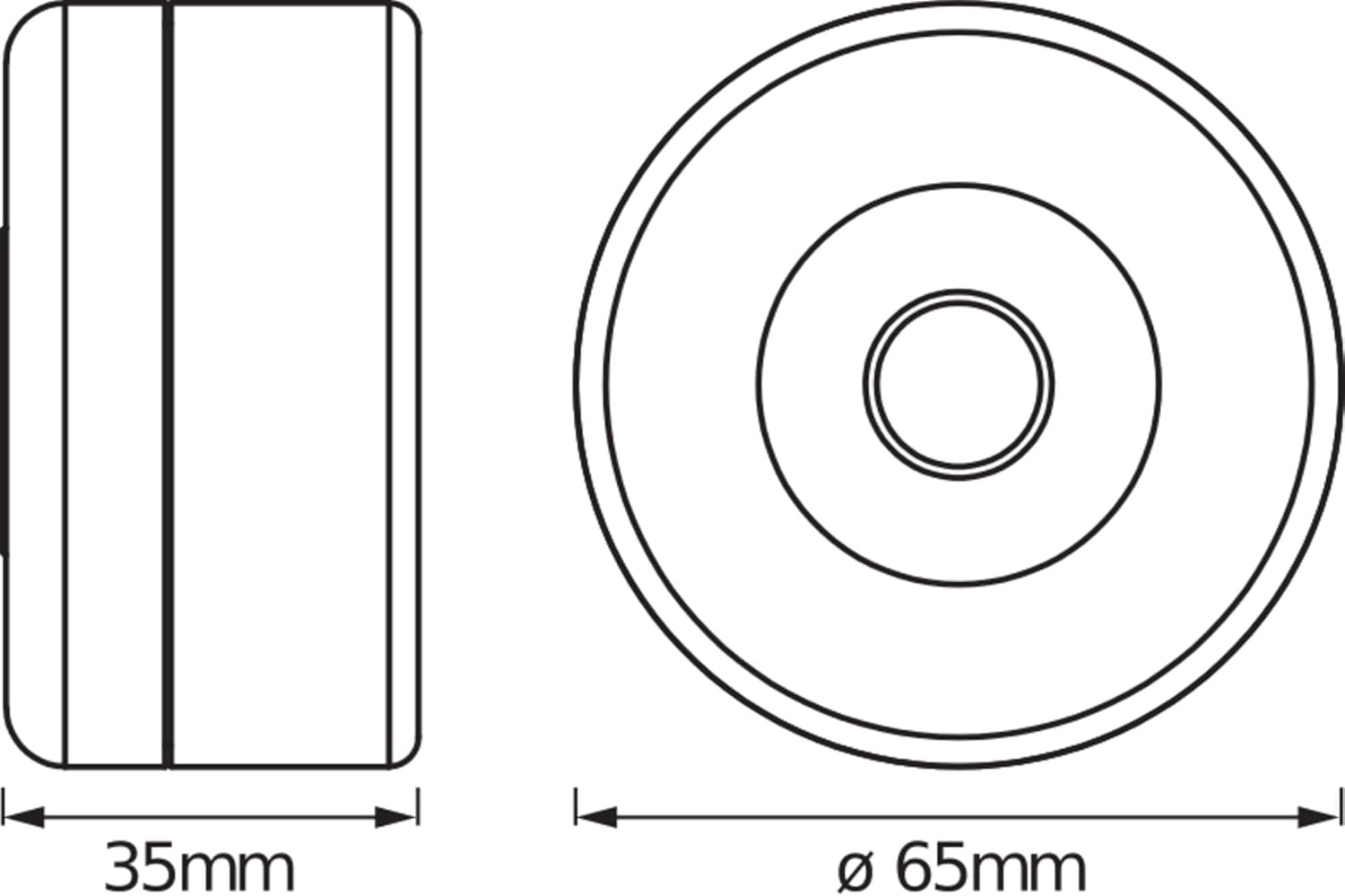 Technical drawing showing dimensions of the OSRAM DOT-it TOUCH High LED Luminaire: 35mm height and 65mm diameter.