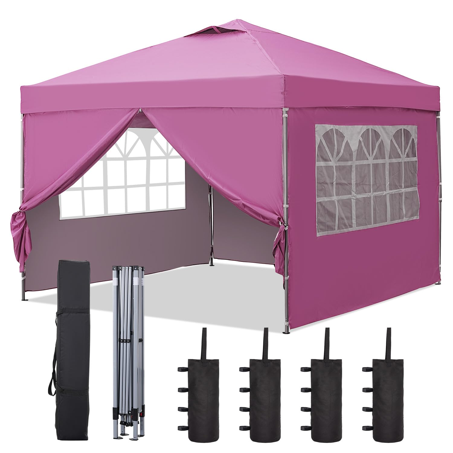 GDY 10'x10' Pop Up Canopy Tent, Outdoor Canopy Tent, Patio Tent,Commercial Instant Gazebos,4 Sidewalls, Portable Shelter Canopies, with 4 sandbags,(Pink).