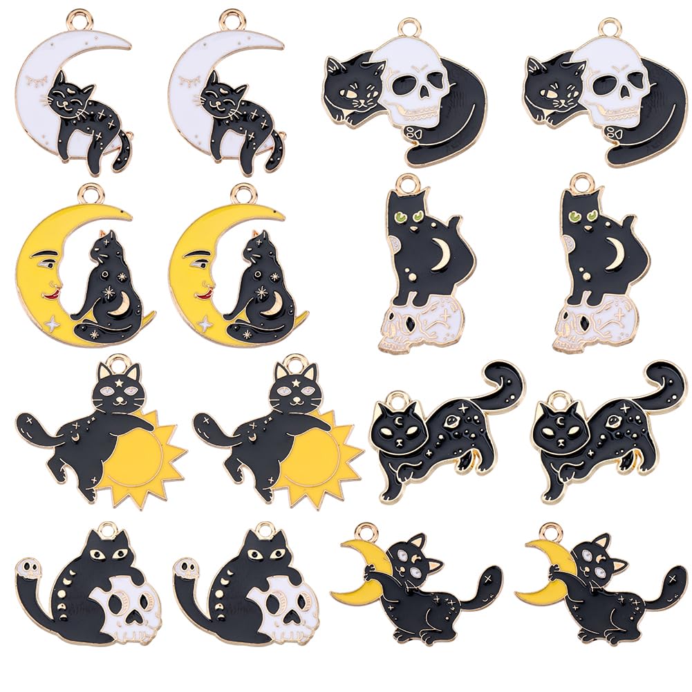 SUNNYCLUE 1 Box 32Pcs 8 Styles Halloween Charms Bulk Black Cat Charms Gothic Alloy Enamel Sun Moon Cats Kitten Skull Beak Flatback Charm for jewellery Making Charms Women DIY Necklaces Earrings Crafts