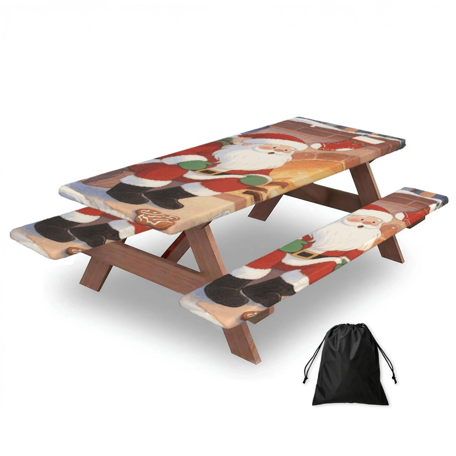 FekiLoot Santa Claus and Snowman Picnic Table Cover with Bench Covers and Bag, Windproof Waterproof Rectangle Tablecloth with Elastic Edges Fitted Camping Table Covers for Picnic Party Travel