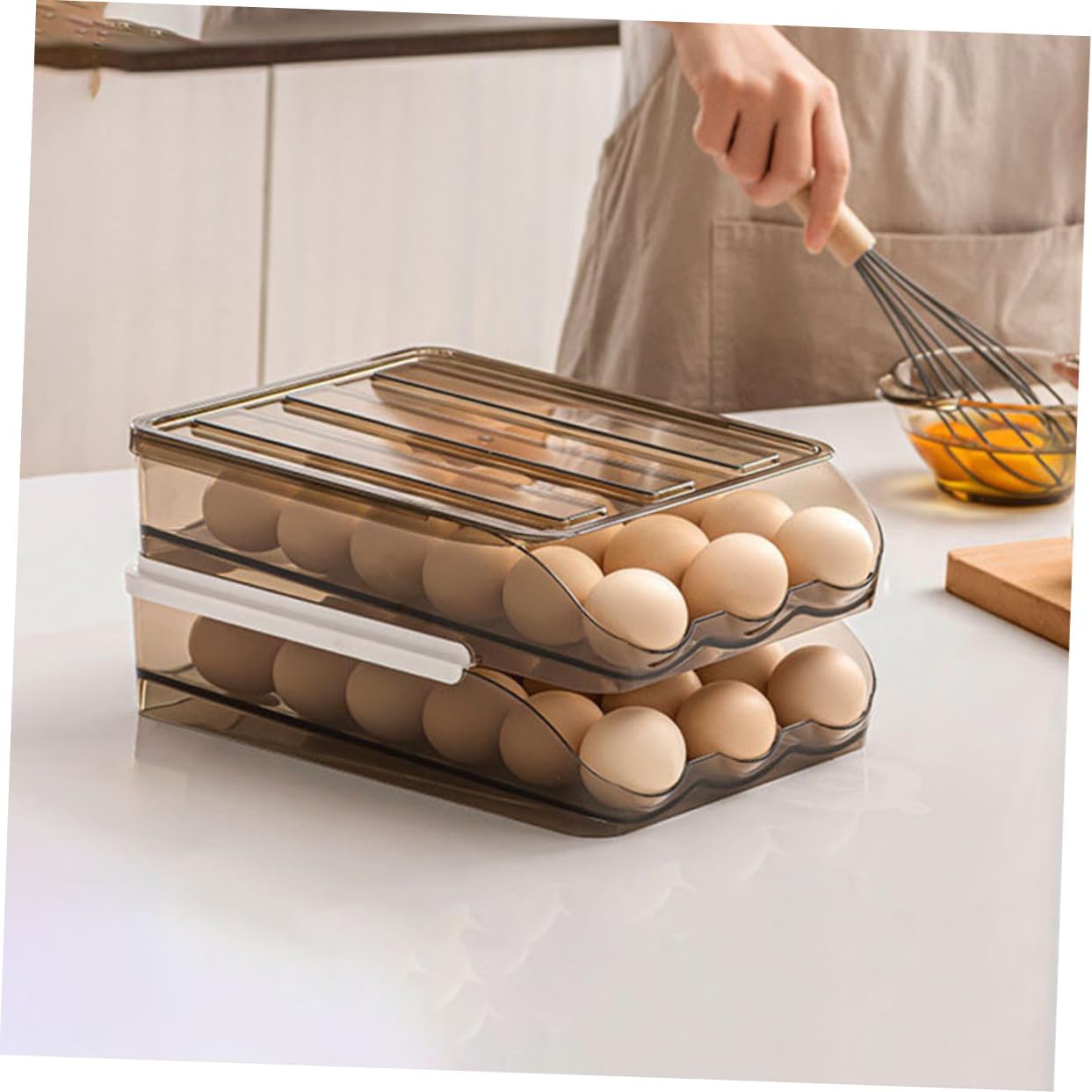 Roll-on Egg Tray 2 Layer Egg Storage Holder for Refrigerator Non-Slip Base Kitchen Organizer