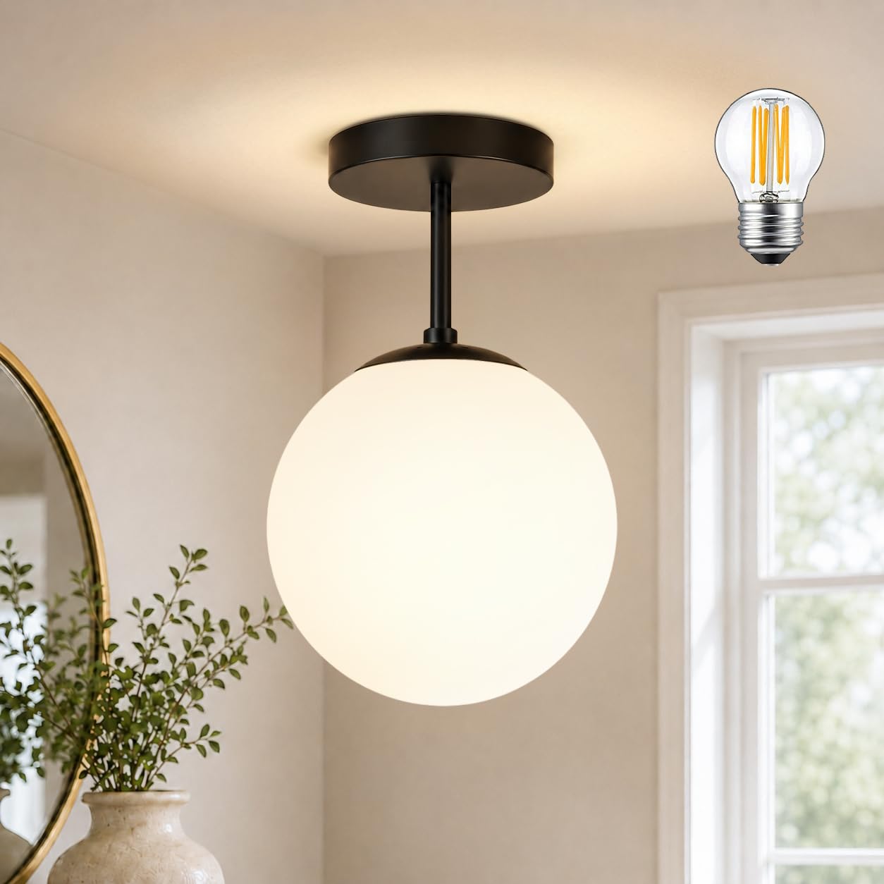 Photo 1 of 6" Mid Century Modern Globe Semi Flush Mount Ceiling Light Fixture Frosted Glass with Black Finish1-Light Globe Glass Ceiling Lights for Aisle Porch Stairway Closet Kitchen Laundry Room (Bulb Incl.)