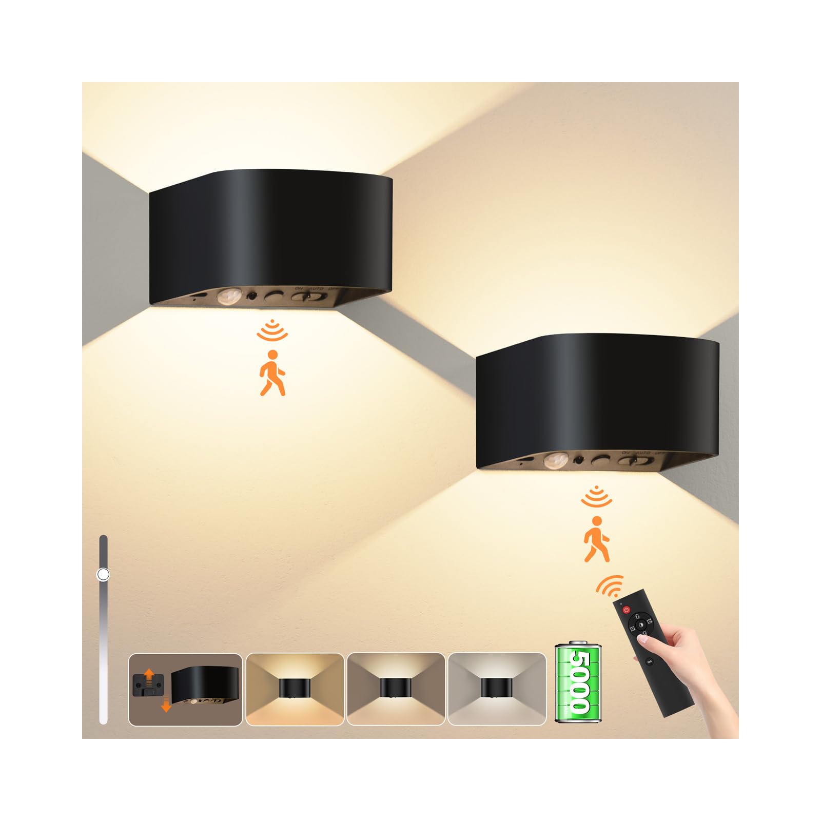 NIBSHOOM Batterij-wandlamp voor binnen, met bewegingsmelder, 2 stuks wandlamp, accu zonder stroomaansluiting, verstelbare lichtstraalvorm, 3000 K, led-wandlamp, draadloos, dimbaar, zwart