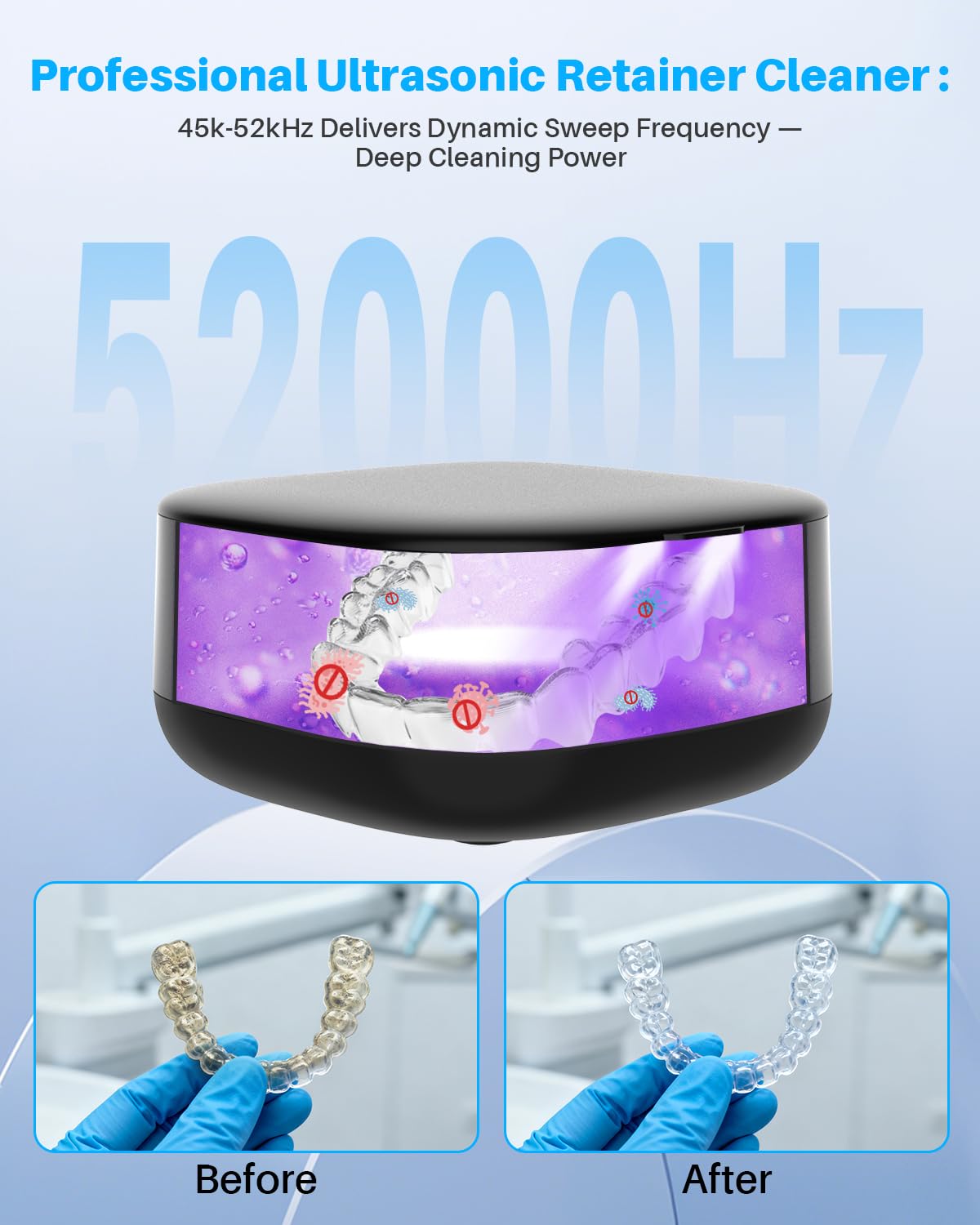 Voraiya 2025 Rechargeable Ultrasonic Retainer Cleaner, Portable Retainer Cleaner Machine, 52kHz Retainer Cleaner for Dentures, Night Guards, Mouth Guards, 166ml Dental Cleaning Pod with Mirror,3 Modes - Image 2