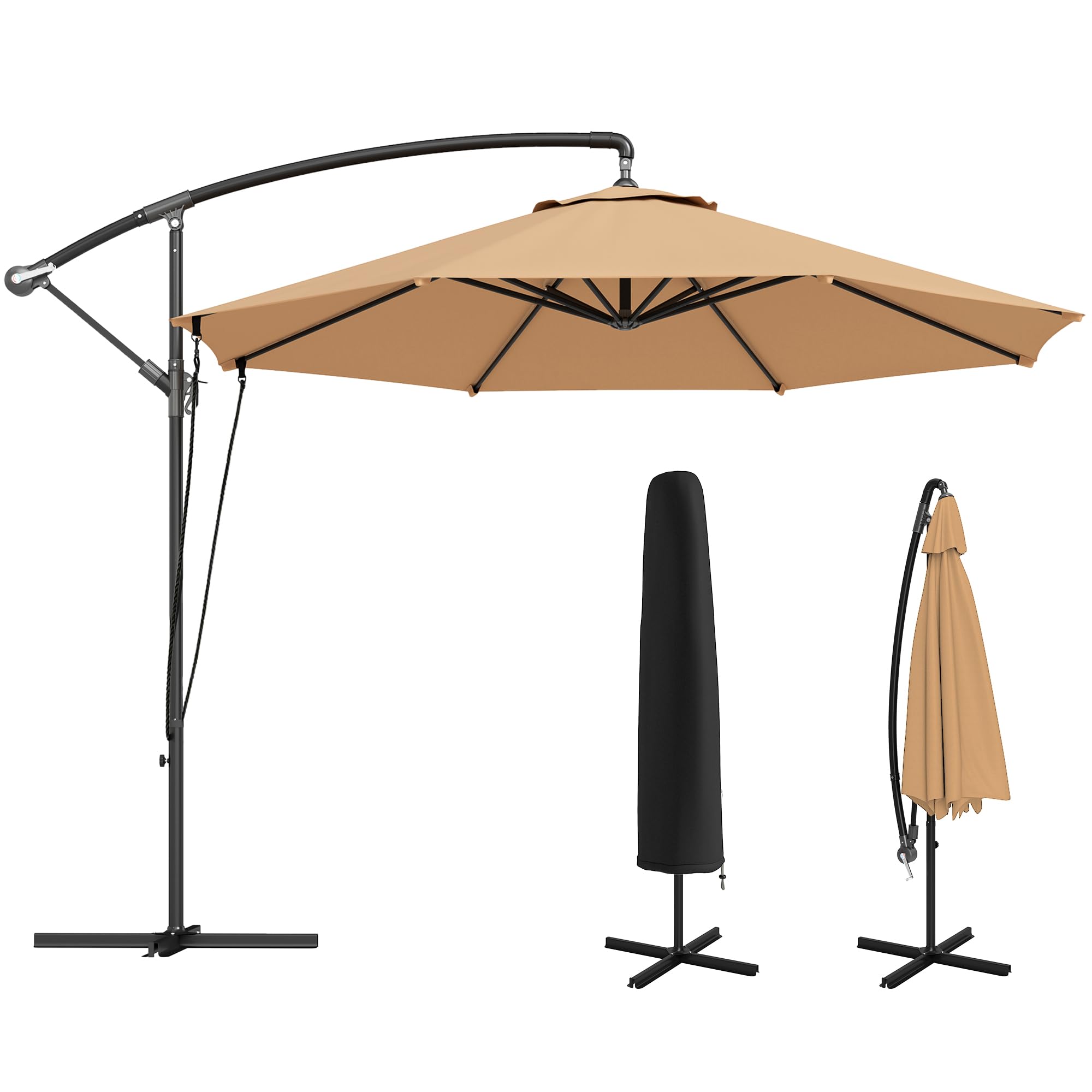 Outsunny Ombrellone Decentrato Ø3 m Ombrellone da Giardino UV 50+ Cachi | Prese d'Aria, Base a Croce e Manovella, Inclinabile e Girevole, Metallo e Poliestere 180 g/㎡