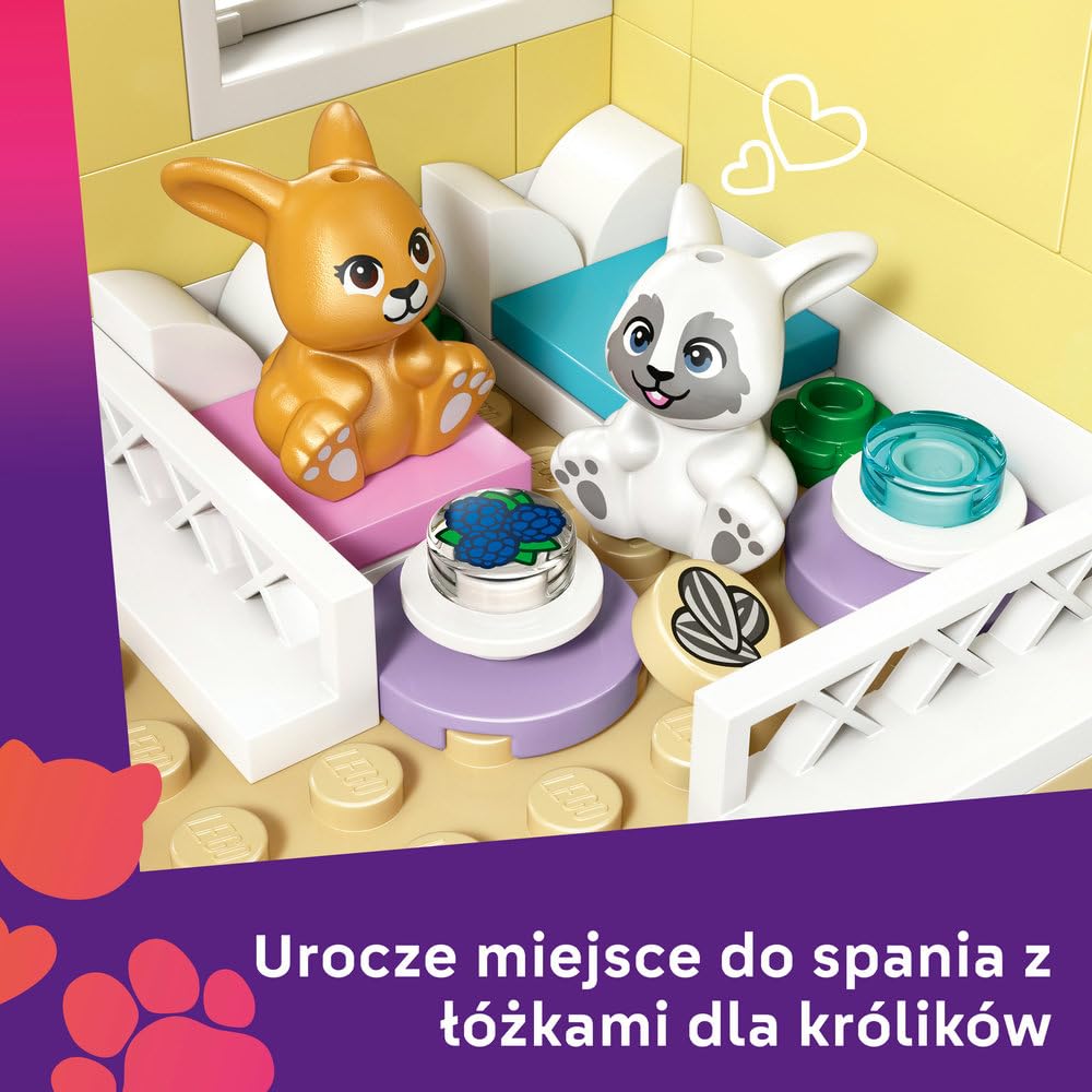 LEGO Friends Hotel dla królików w mieście Heartlake, klocki dla 5-latki, zabawka dla dzieci zawiera 2 minilaleczki, 2 figurki zwierząt i marchewkowe akcesoria, prezent dla dziewczynki i chłopca 42679