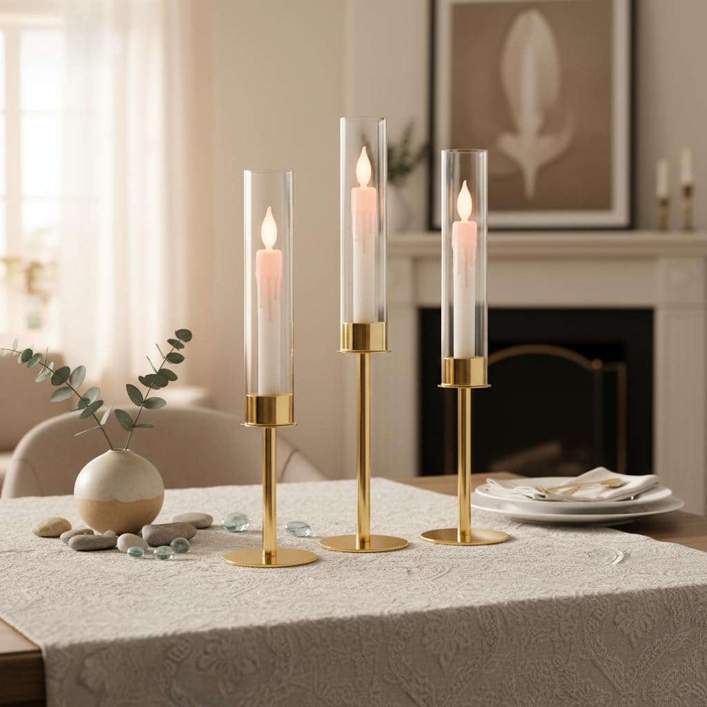 Hurricane Acrylic Candle Holders,Gold Candlestick Holders with Acrylic Lampshade,6pcs Candle Holders for candlesticks 14”16”18”for Wedding Table Centerpiece,Birthday Party,Housewarming Gift