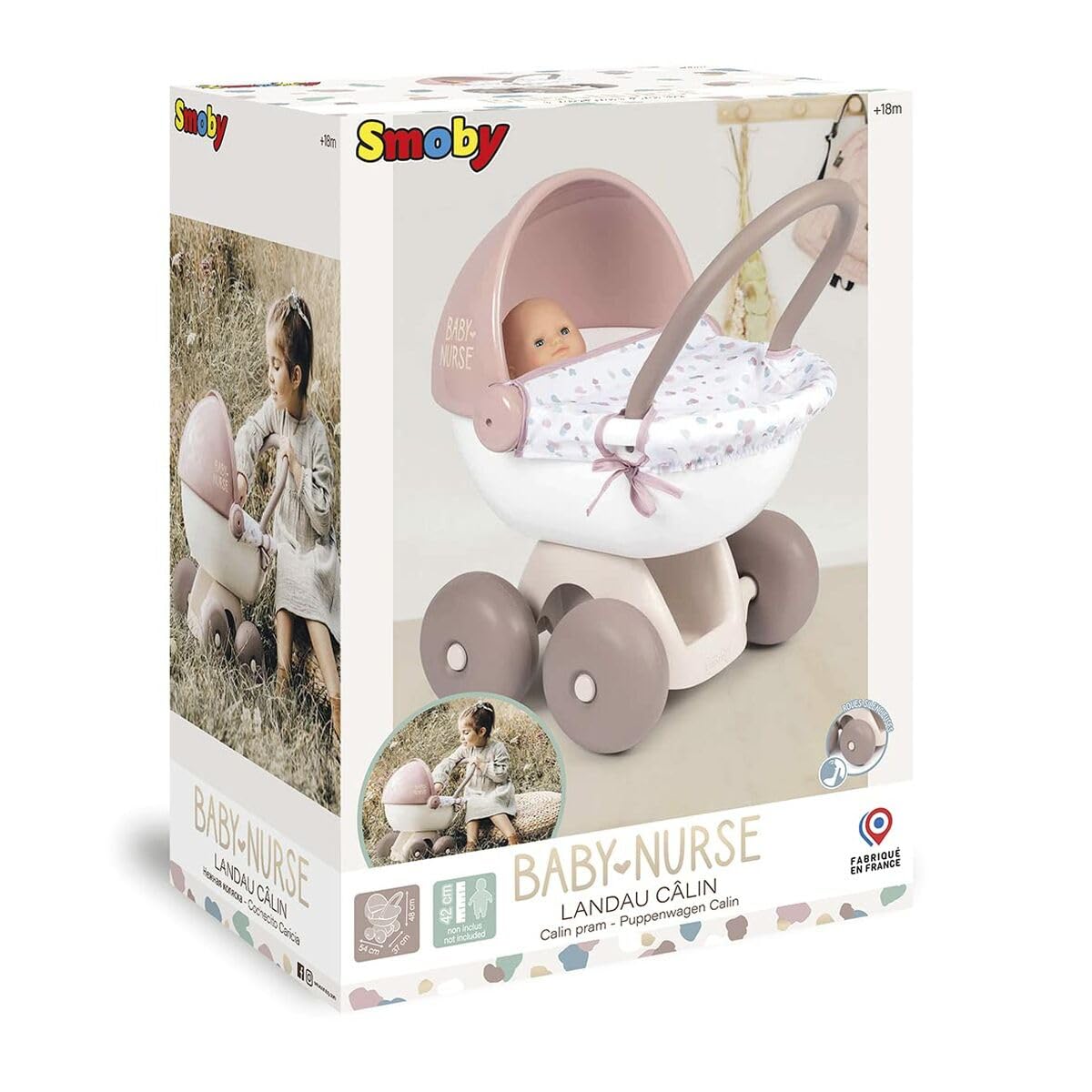 Smoby - Baby Nurse Puppenwagen - kleiner Puppenwagen für dein Püppchen bis 42 cm, mit waschbarem Stoffbezug, für Kinder ab 18 Monaten